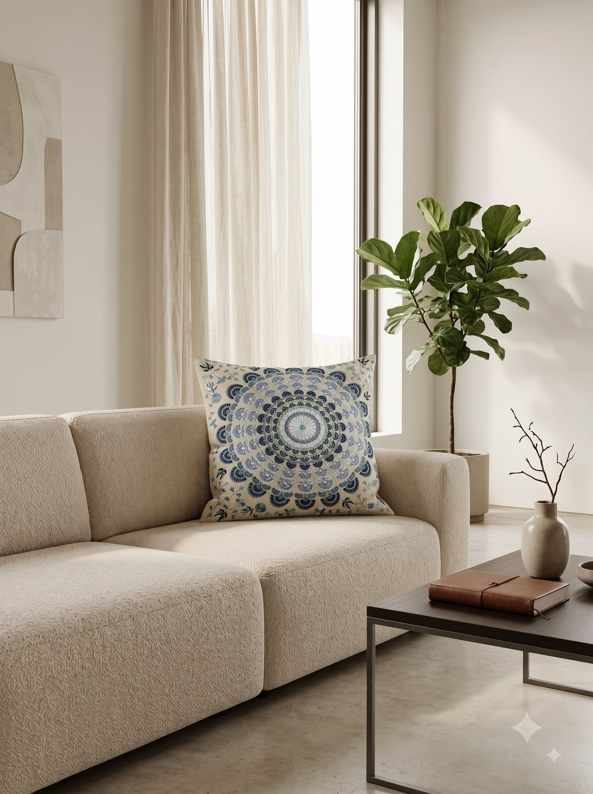 Off White Cotton Scalloped Mandala Floral Embroidered Decorative Cushion Cover