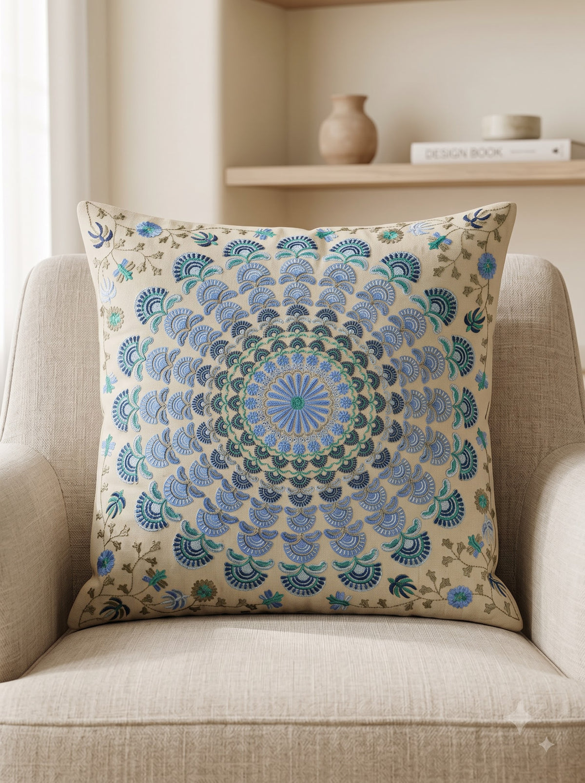Blue Cotton Hand-Embroidered Bohemian Mandala Square Cushion Cover