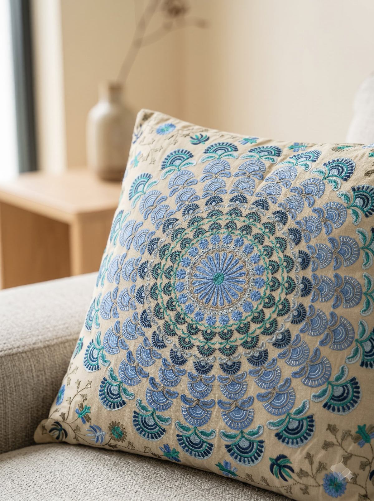 Blue Cotton Hand-Embroidered Bohemian Mandala Square Cushion Cover