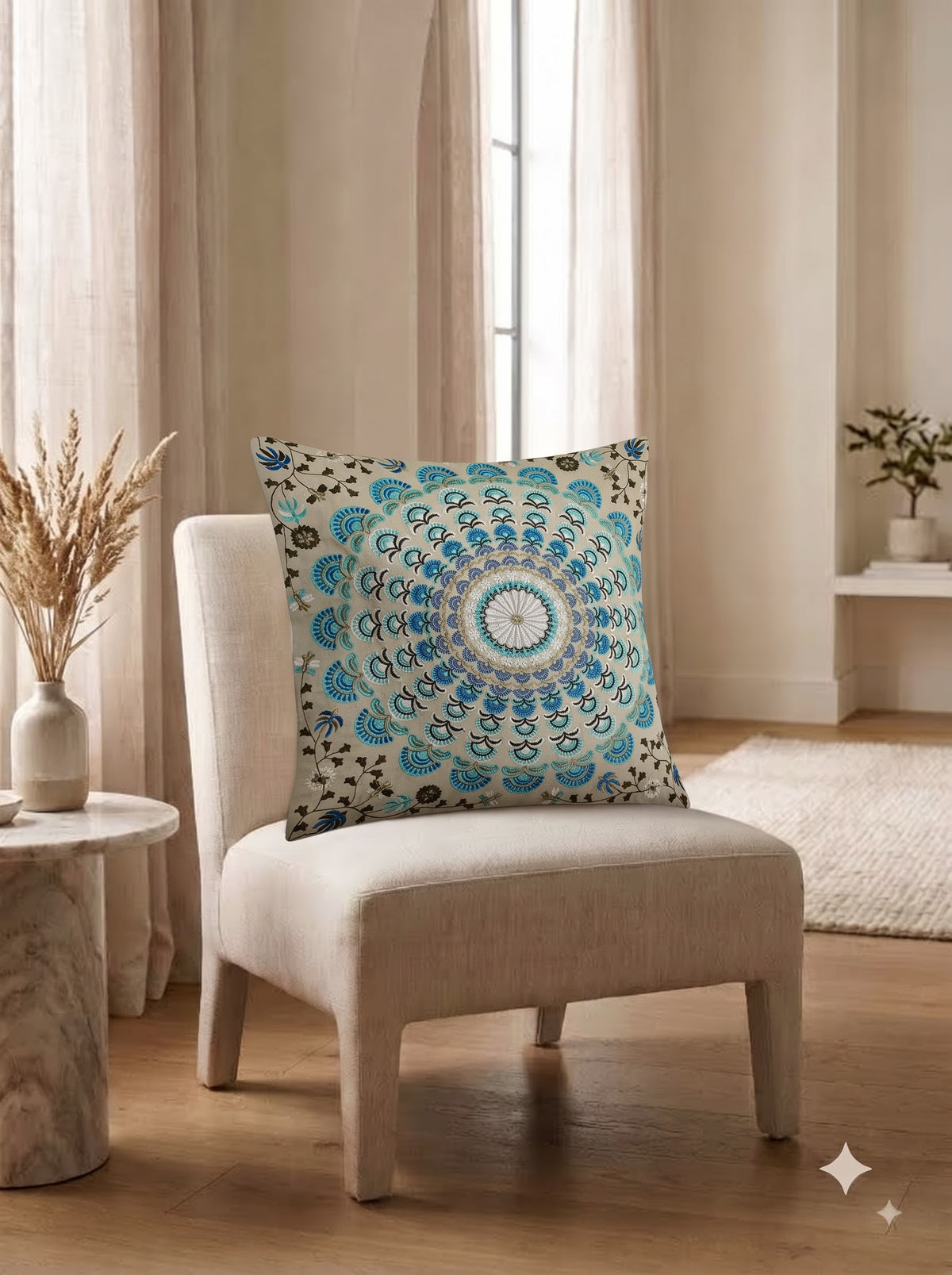 Blue Cotton Scalloped Mandala Floral Embroidered Decorative Cushion Cover