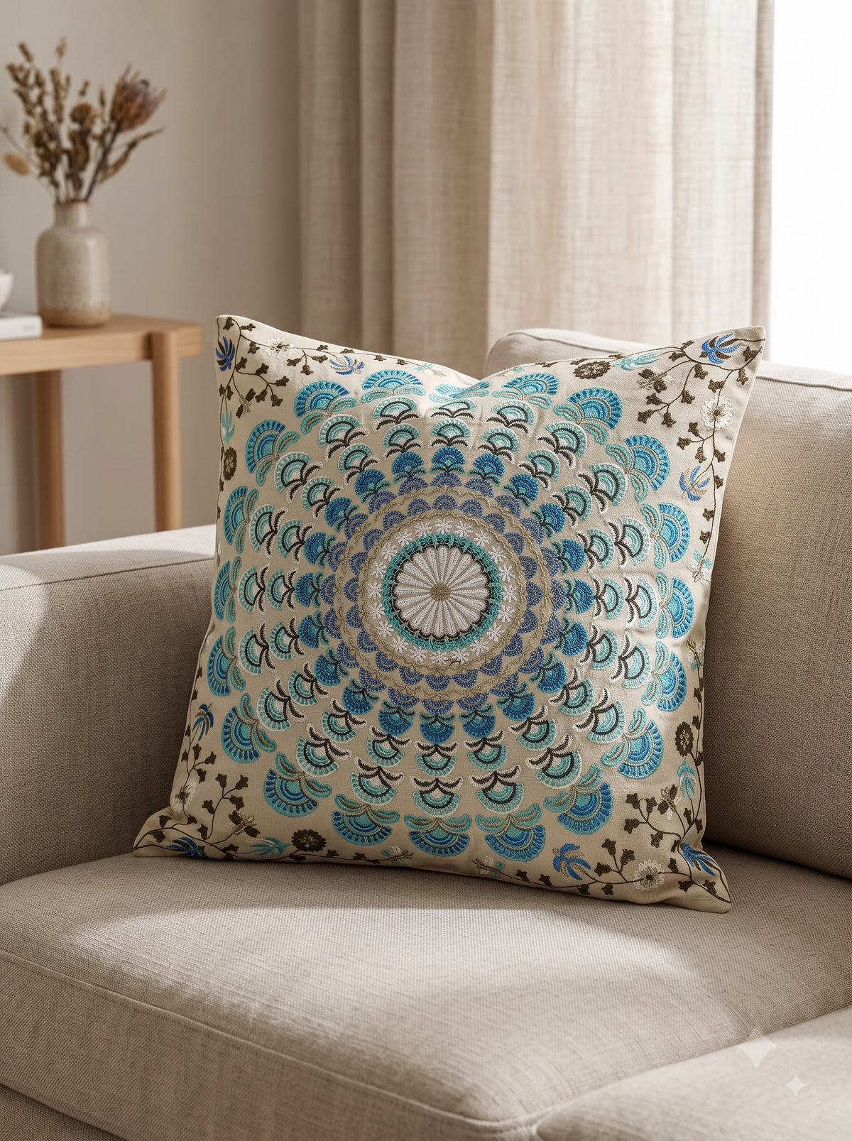 Blue Cotton Scalloped Mandala Floral Embroidered Decorative Cushion Cover