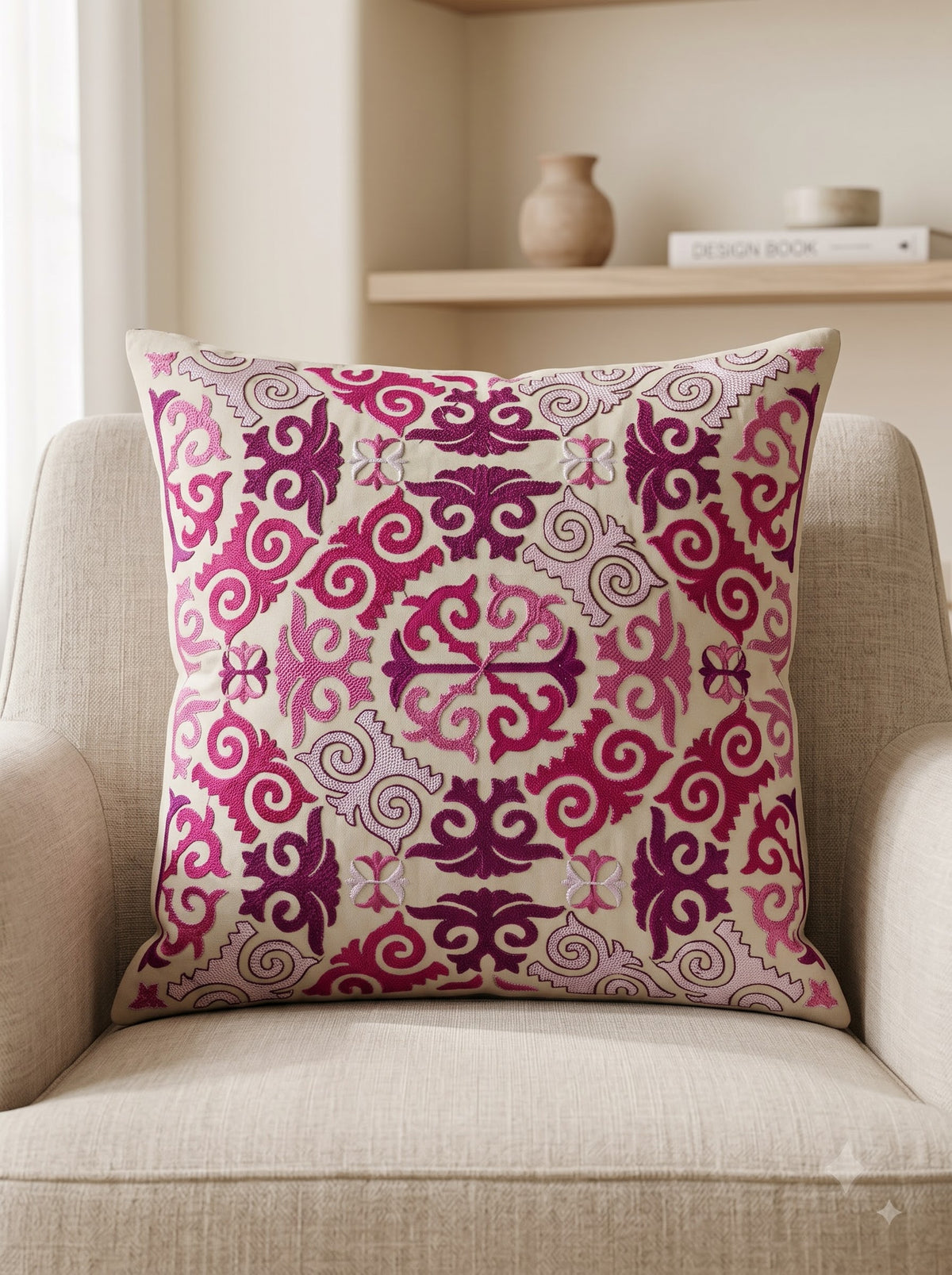 Pink Cotton Damask Medallion Embroidered Decorative Cushion Cover