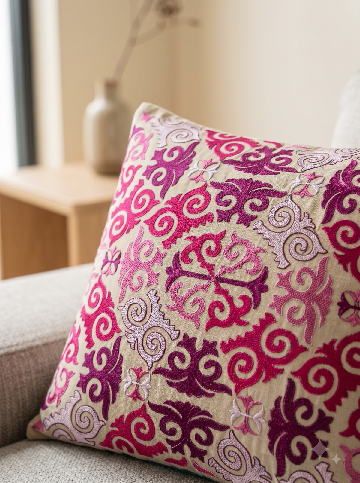 Pink Cotton Damask Medallion Embroidered Decorative Cushion Cover
