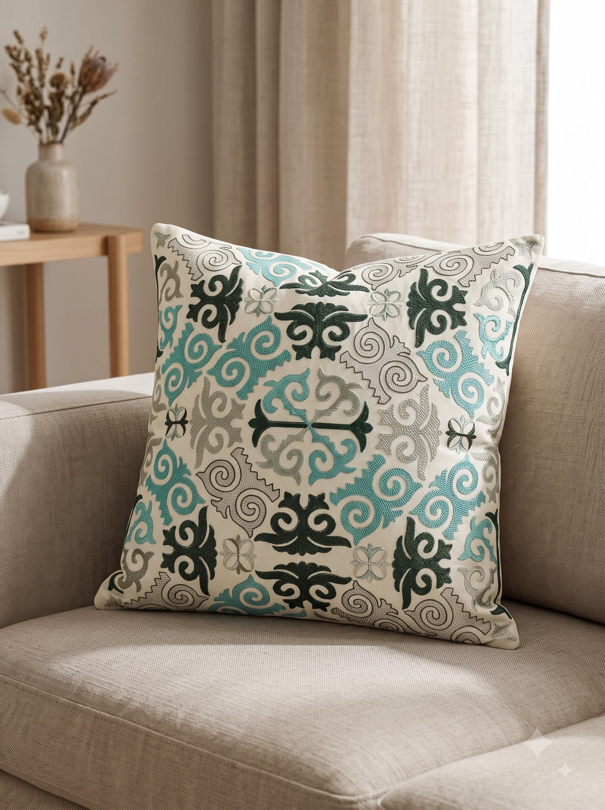 Multicolor Cotton Damask Medallion Embroidered Decorative Cushion Cover