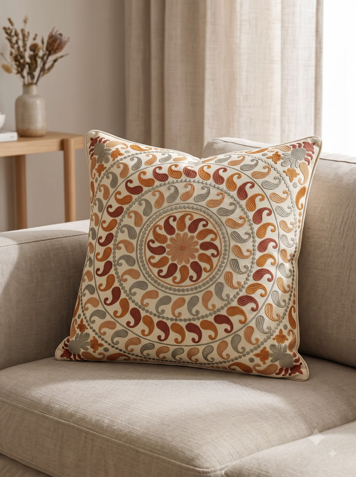 Orange Multi Cotton Paisley Mandala Embroidered Decorative Cushion Cover