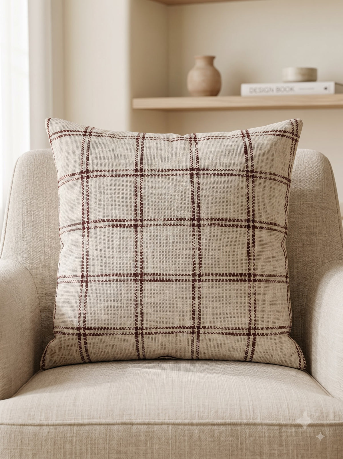 Off White Cotton Plaid Grid Embroidered Decorative Cushion Cover