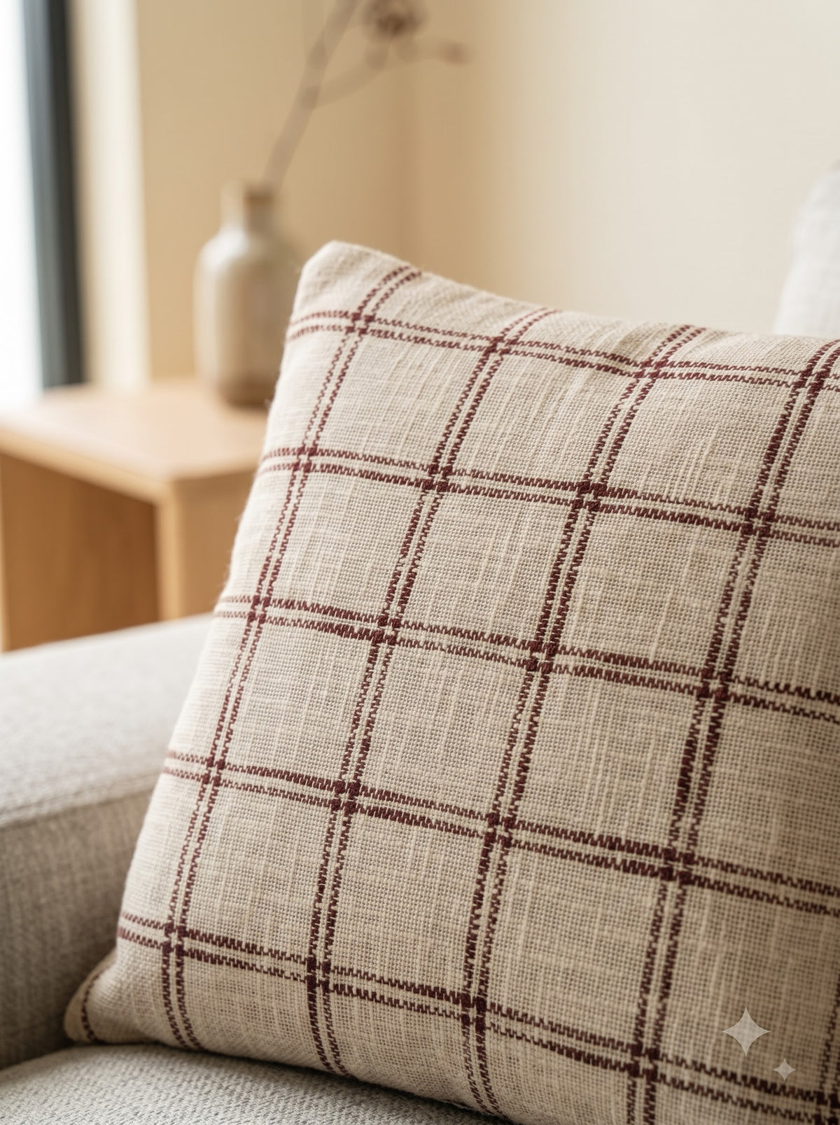 Off White Cotton Plaid Grid Embroidered Decorative Cushion Cover