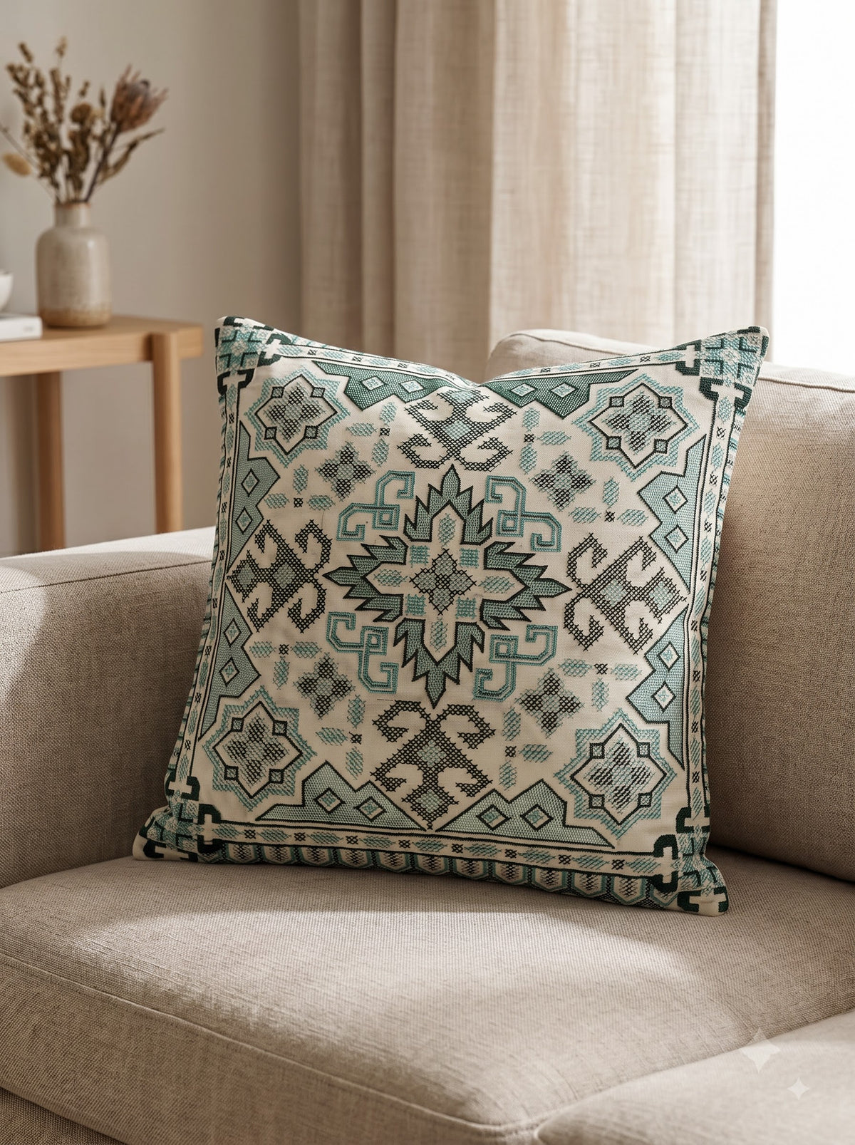 Sea Green Pure Cotton Tribal Geometric Embroidered Decorative Cushion Cover