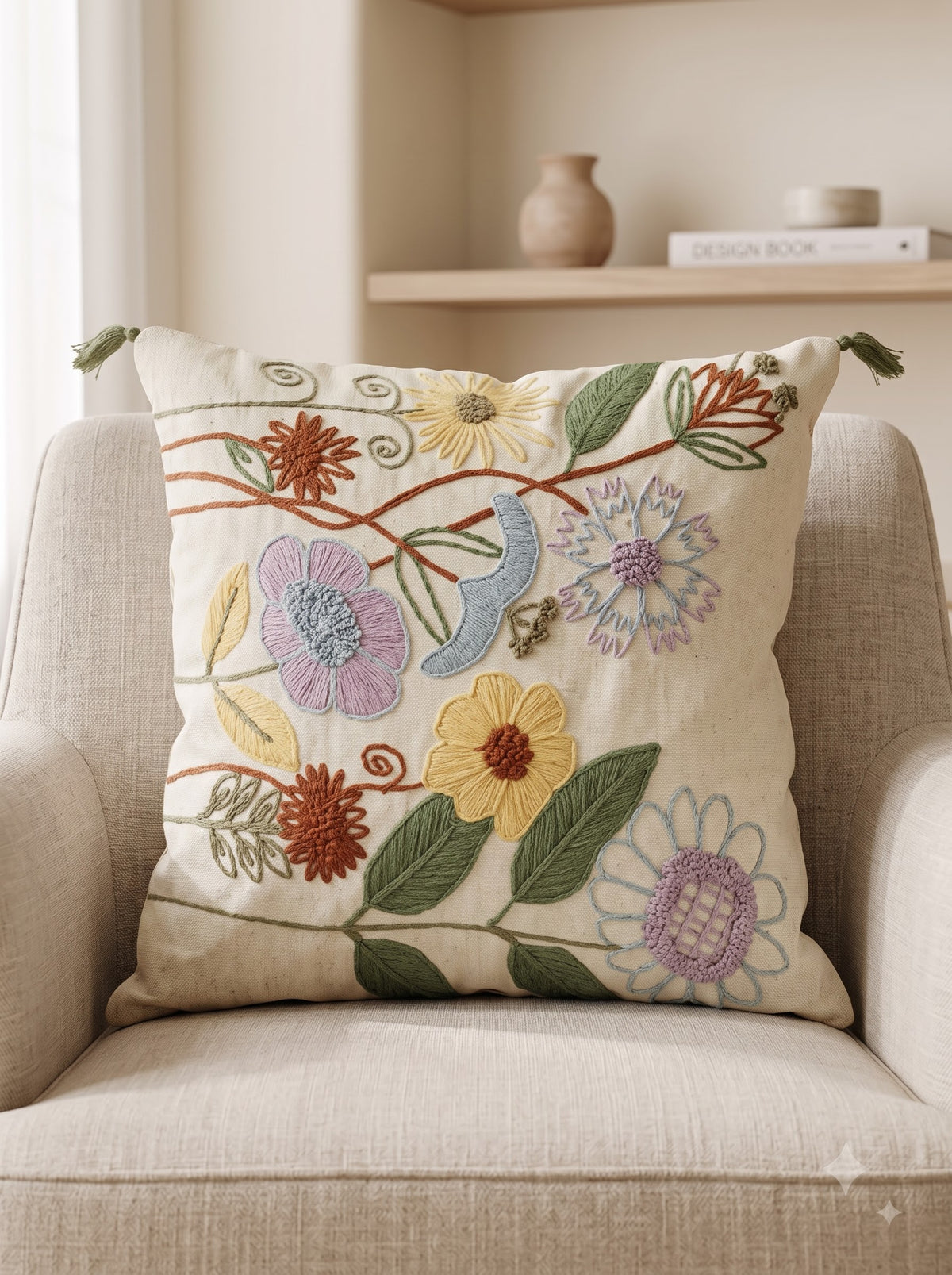Beige Cotton Embroidered Wildflower Botanical Cushion Cover With Corner Tassels