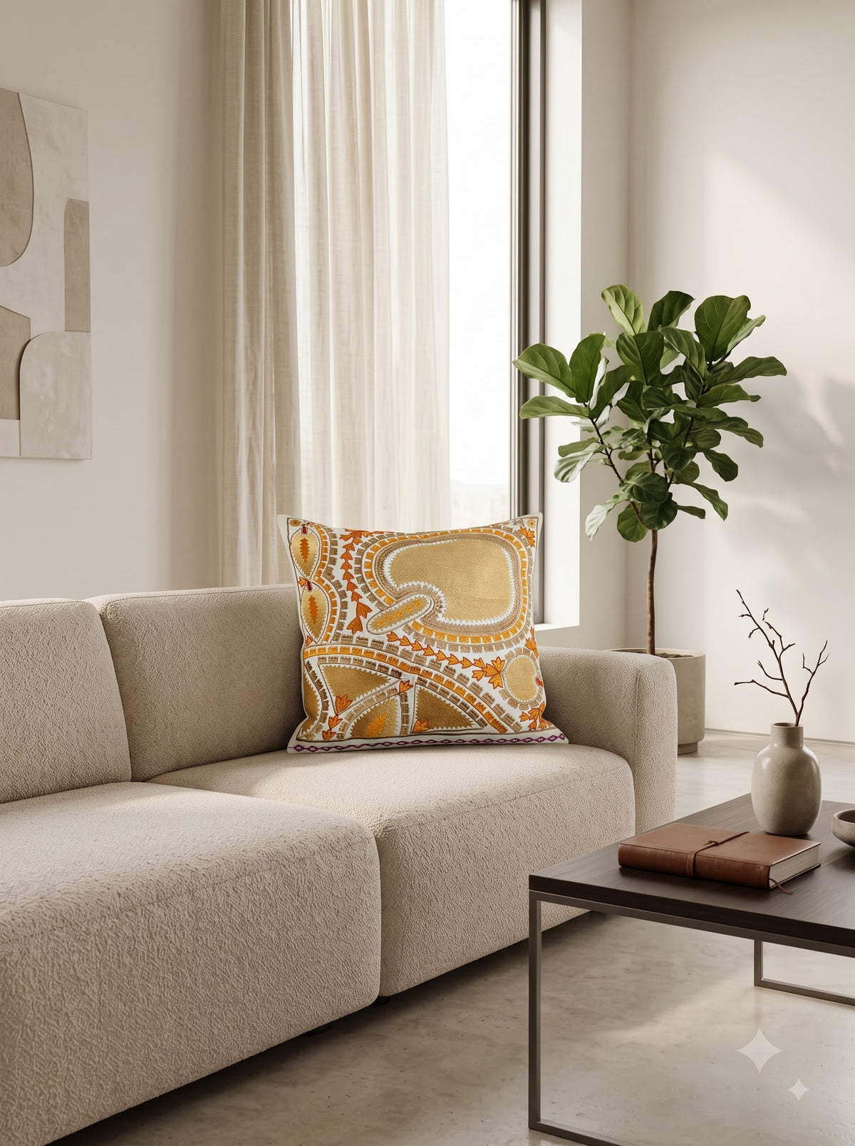 Mustard Geometric Cotton Bohemian Hand-Embroidered Square Cushion Cover