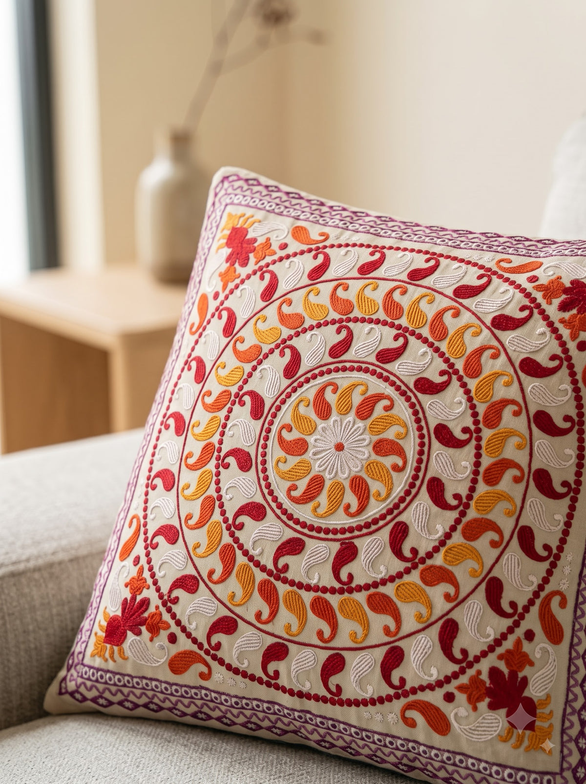 Multicolor Pure Cotton Paisley Mandala Embroidered Decorative Cushion Cover