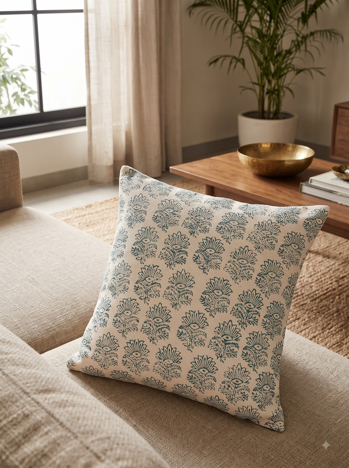 Green Ethnic Motifs Textured Cotton Square Cushion Cover