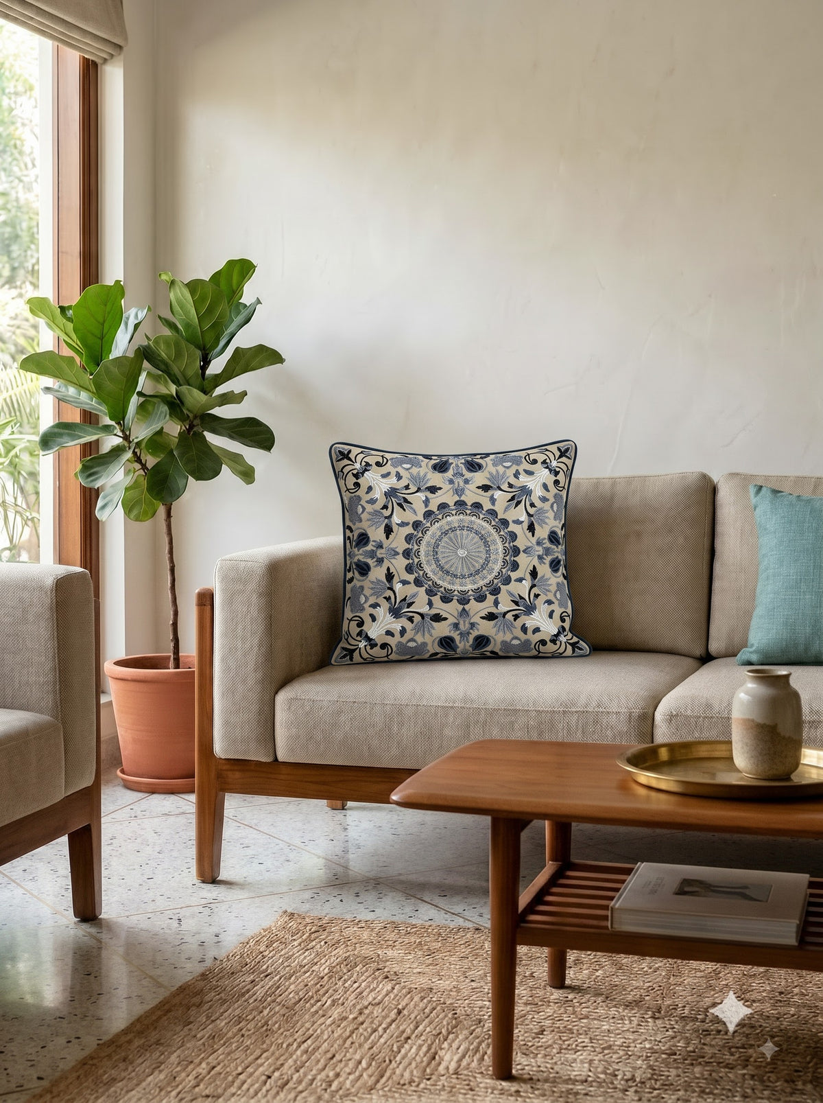 Grey Ethnic Motifs Embroidered Cotton Square Cushion Cover