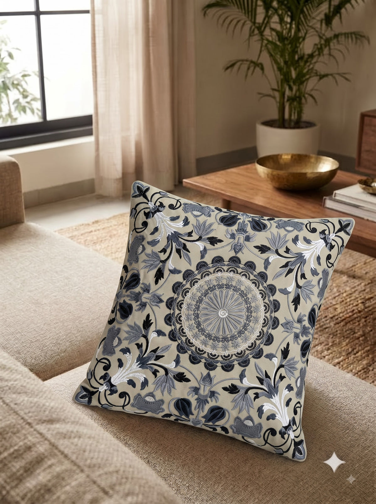 Grey Ethnic Motifs Embroidered Cotton Square Cushion Cover