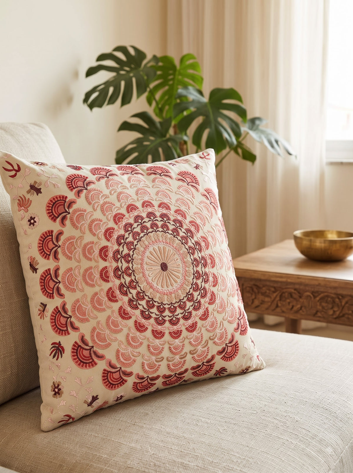 Pink Ethnic Motifs Embroidered Cotton Square Cushion Cover