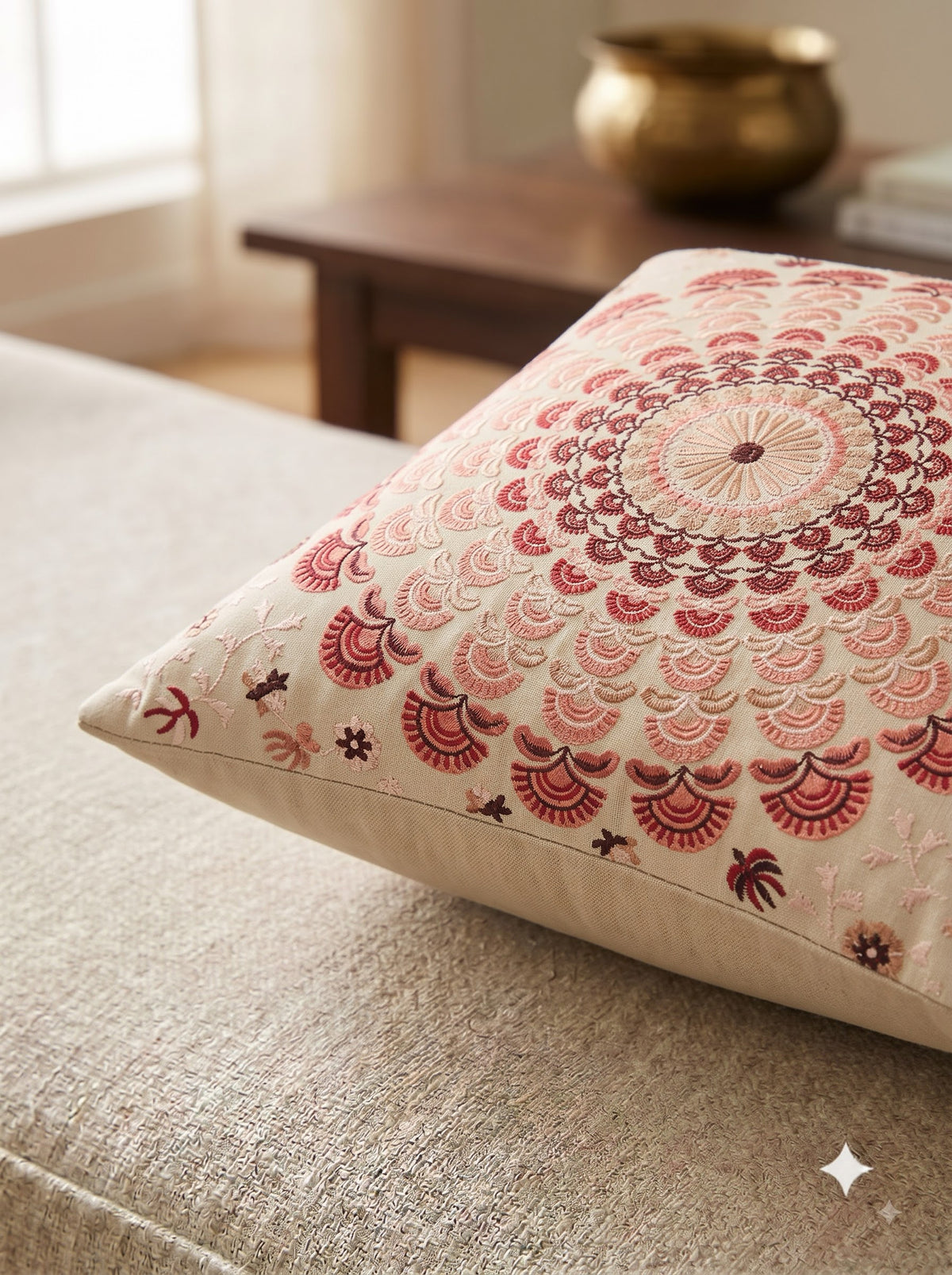 Pink Ethnic Motifs Embroidered Cotton Square Cushion Cover