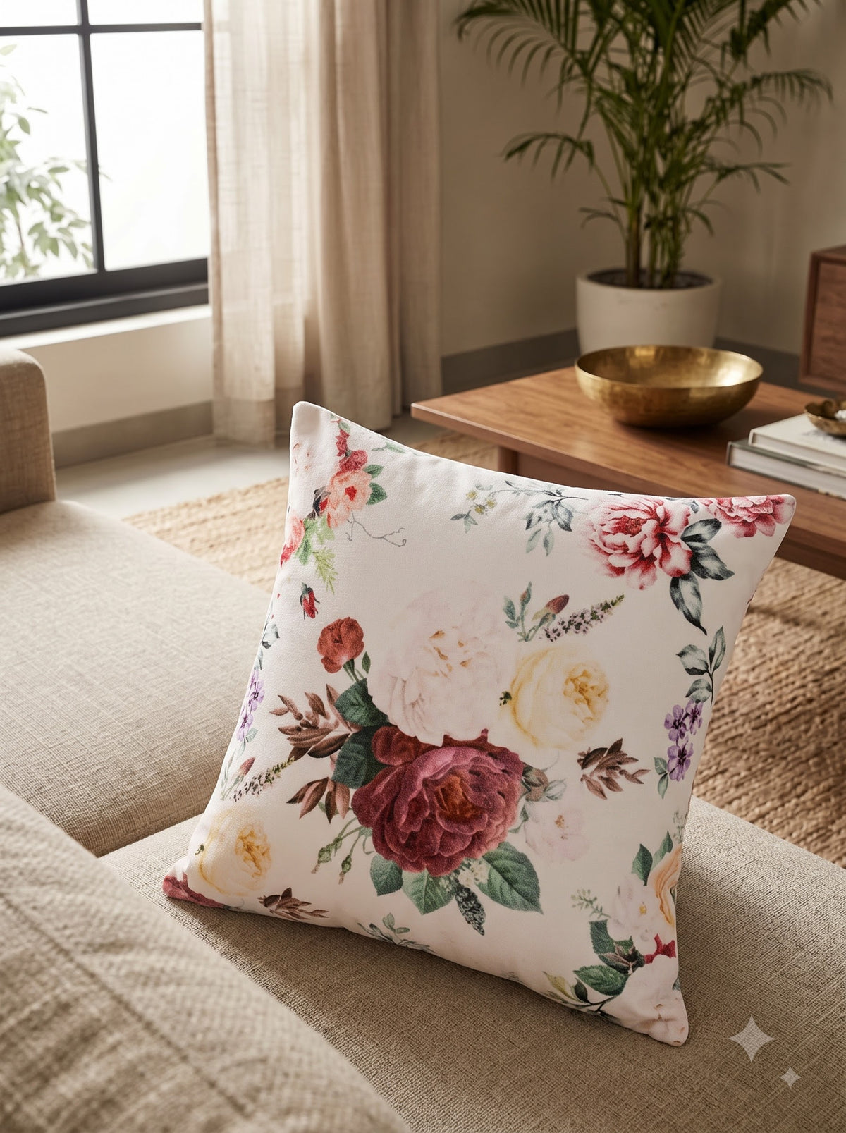 White Floral Textured Velvet Square Cushion Cover For Home Decor