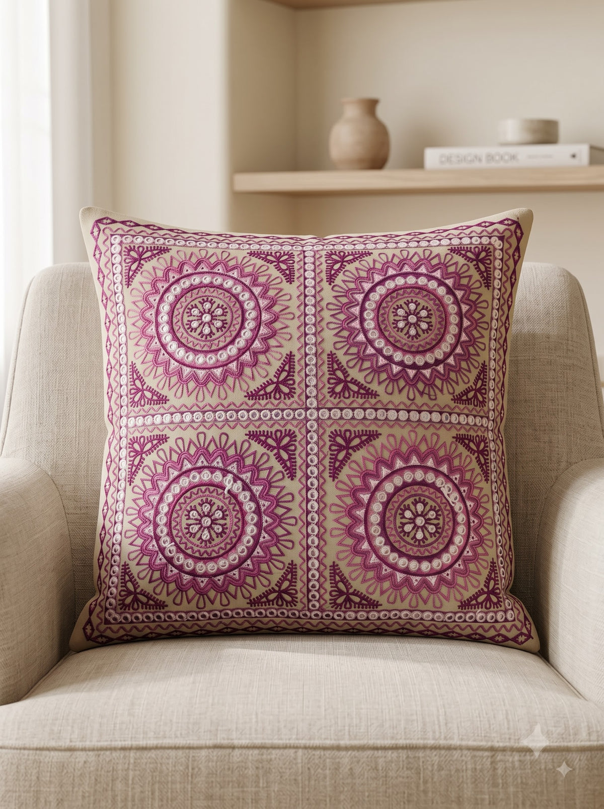 Pink Pure Cotton Mandala Tile Embroidered Decorative Cushion Cover