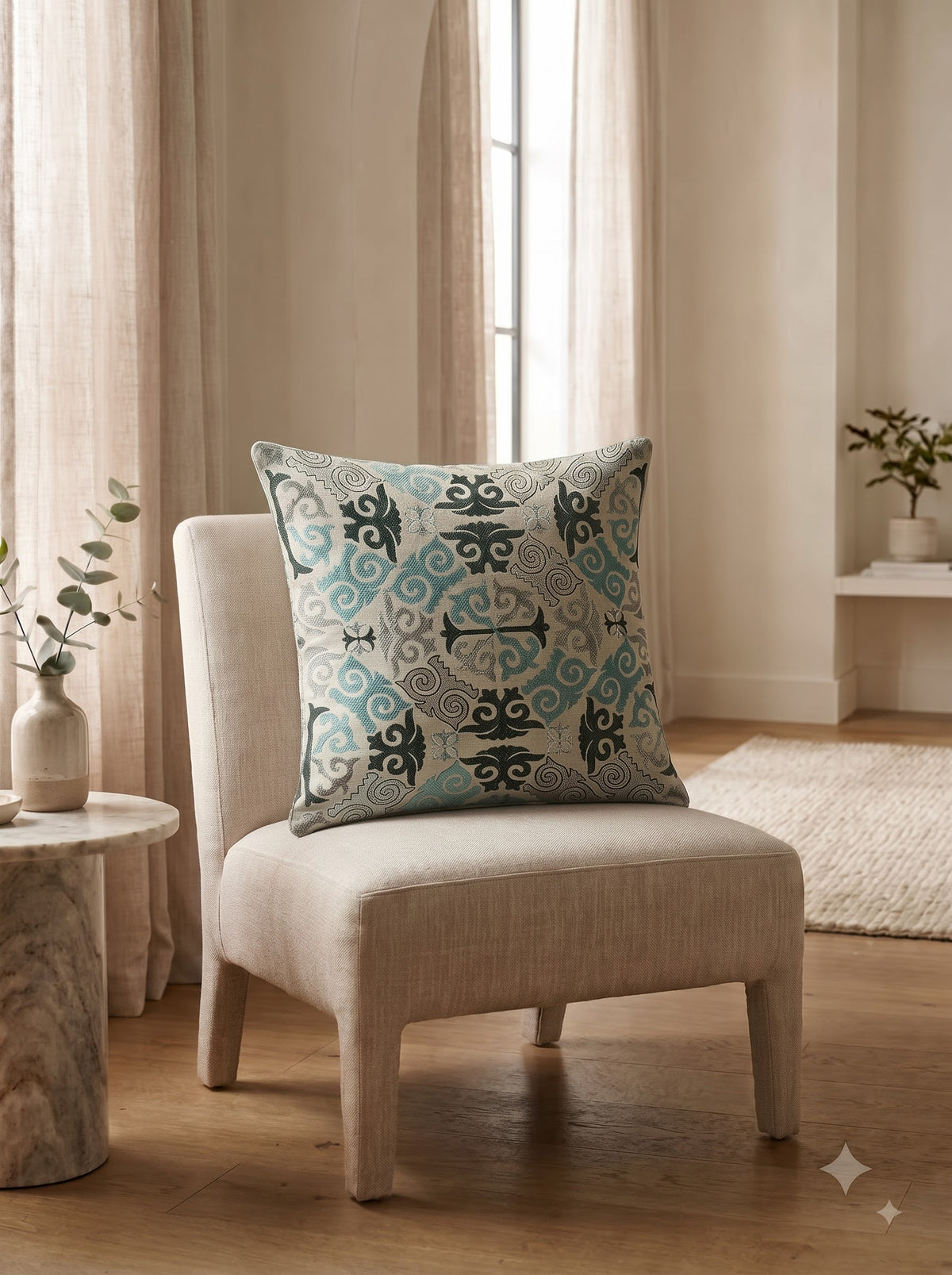 Multicolor Cotton Damask Medallion Embroidered Decorative Cushion Cover