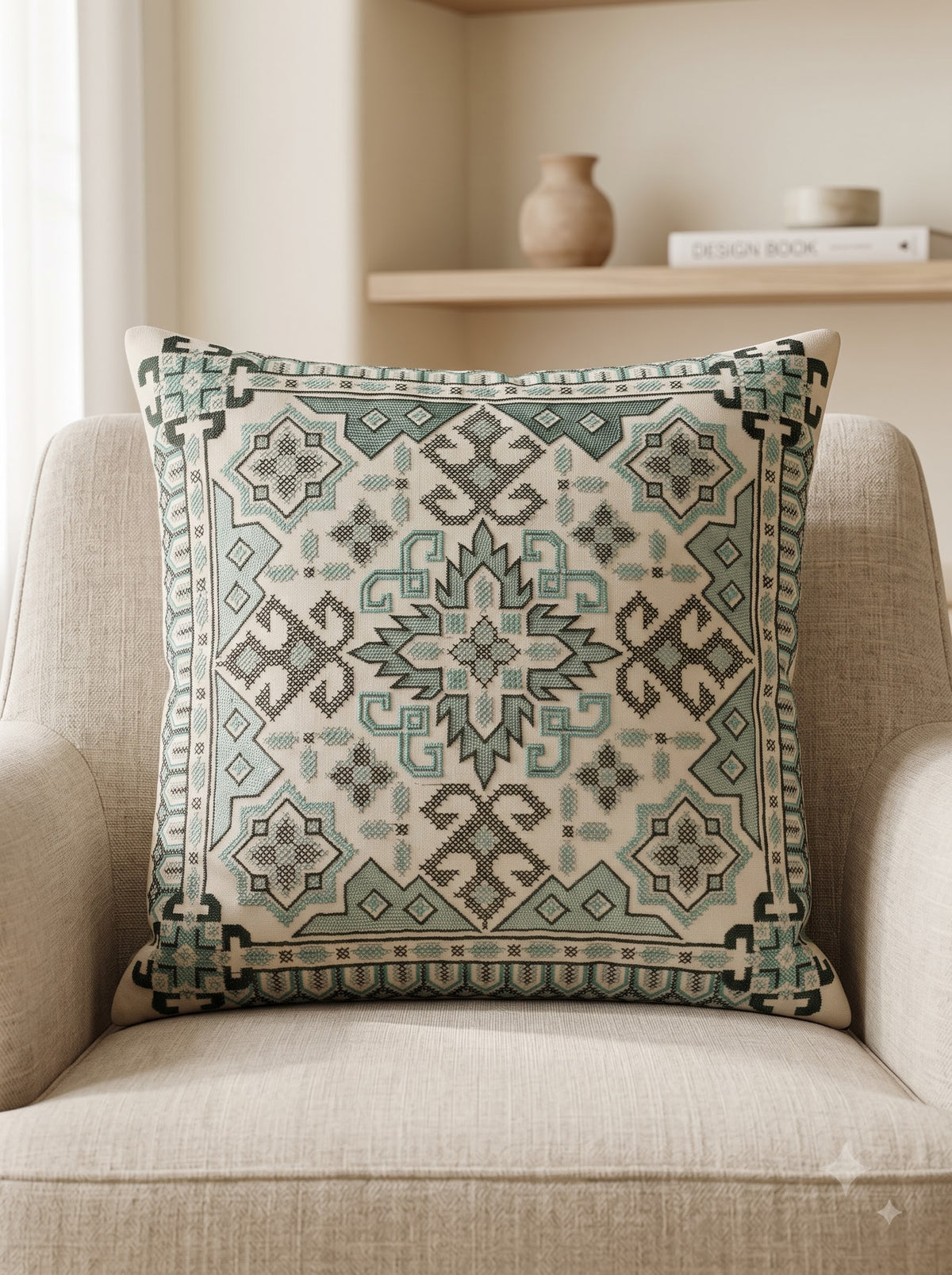Sea Green Pure Cotton Tribal Geometric Embroidered Decorative Cushion Cover