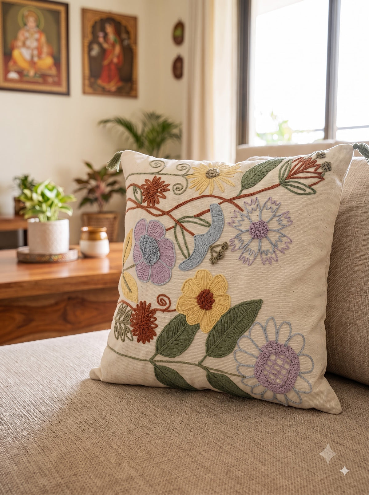 Beige Cotton Embroidered Wildflower Botanical Cushion Cover With Corner Tassels