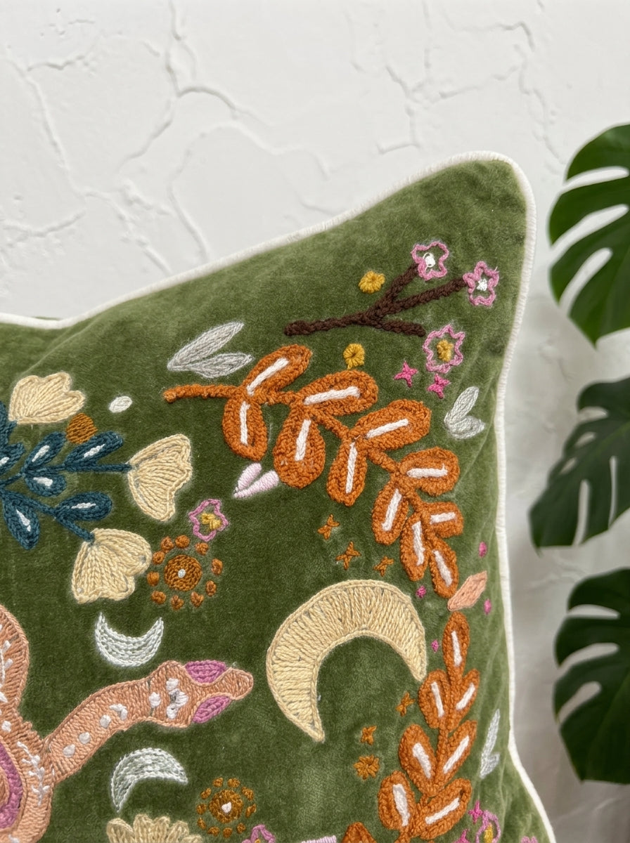 Olive Velvet Square Nature-Inspired Embroidered Cushion Cover