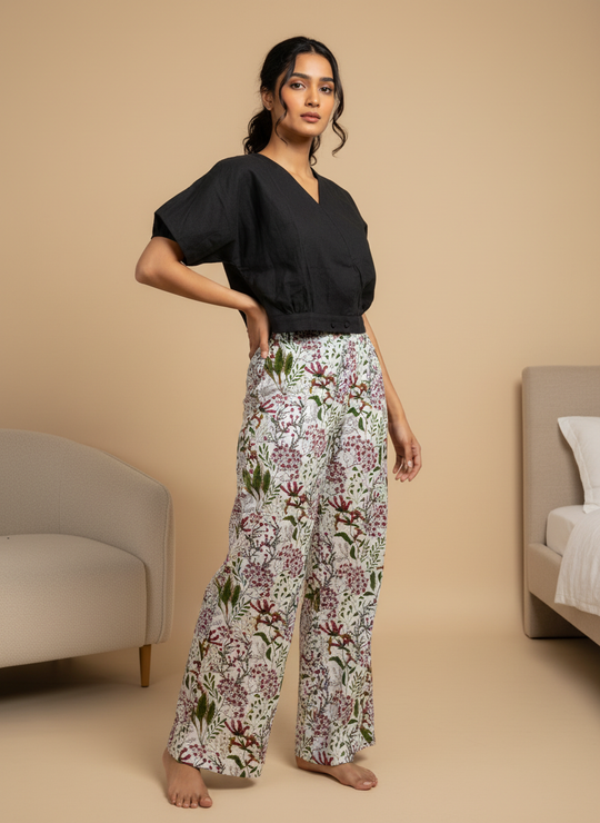 Black Solid V-Neck Pure Cotton Night Suit Set for Women