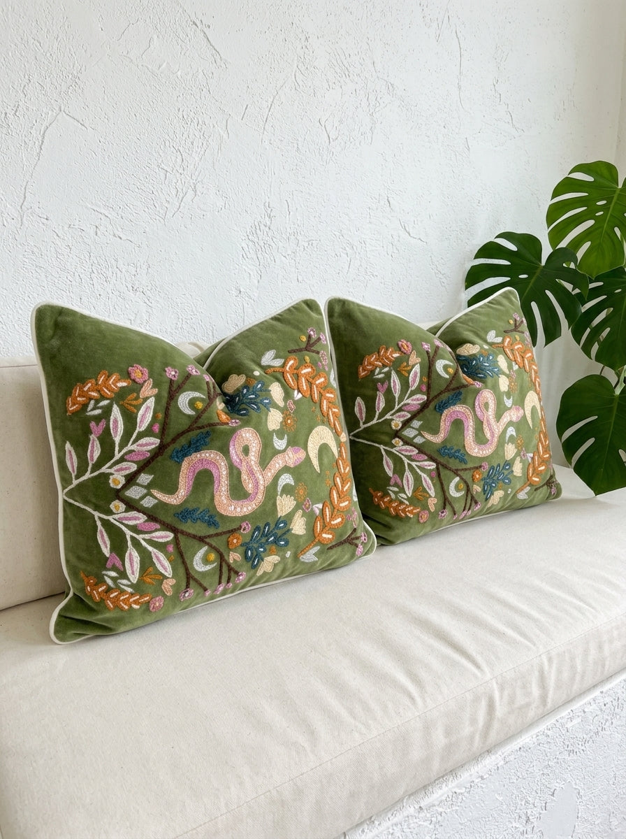 Olive Velvet Square Nature-Inspired Embroidered Cushion Cover