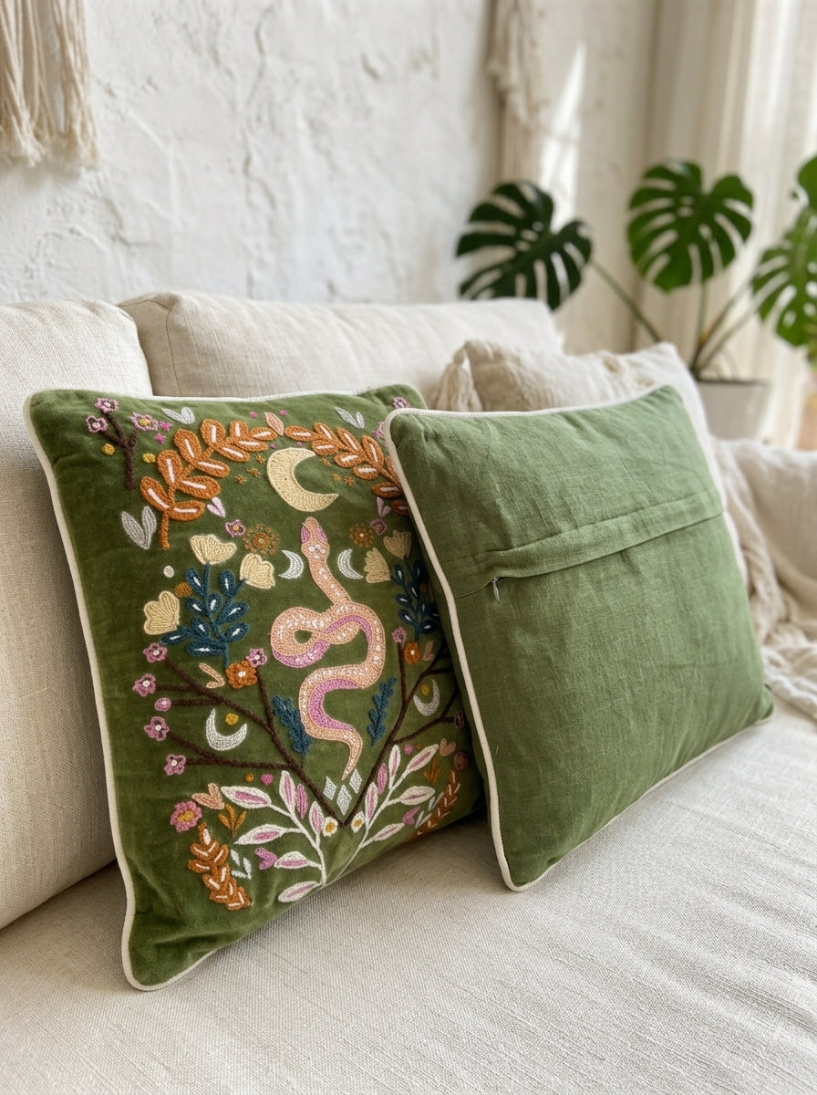 Olive Velvet Square Nature-Inspired Embroidered Cushion Cover