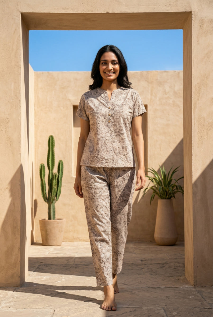 Beige Round Neck Geometric Print Pure Cotton Night Suit For Women