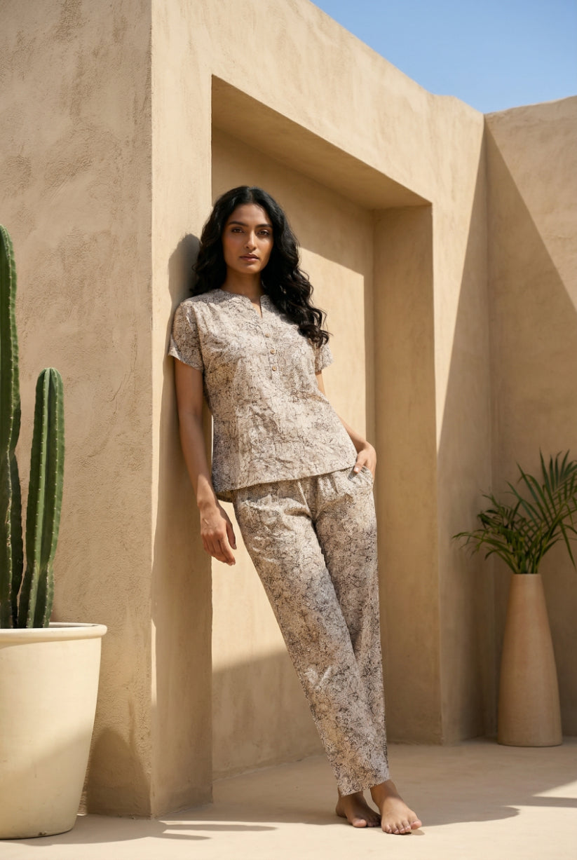 Beige Round Neck Geometric Print Pure Cotton Night Suit For Women