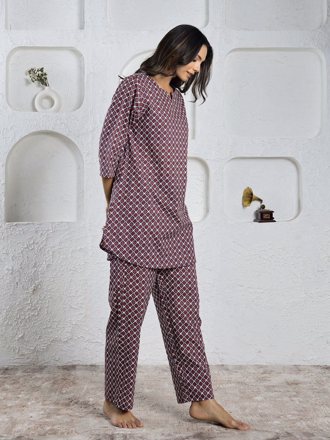 Black Mandarin Neck Ethnic Motifs Print Pure Cotton Night Suit For Women