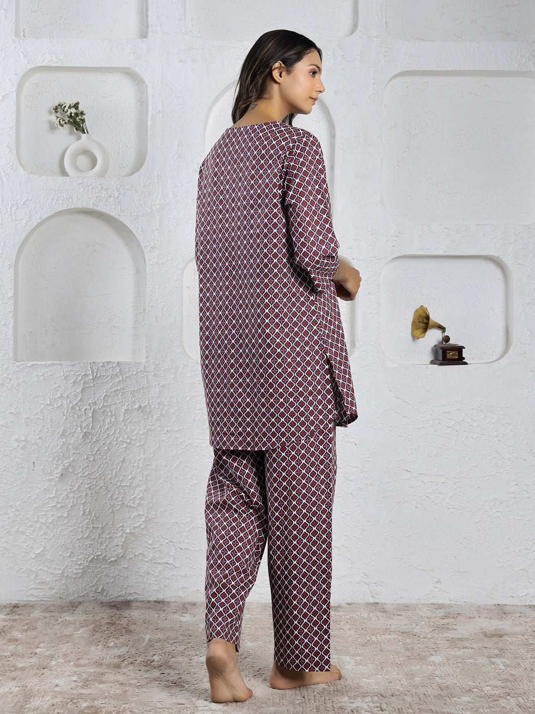 Black Mandarin Neck Ethnic Motifs Print Pure Cotton Night Suit For Women