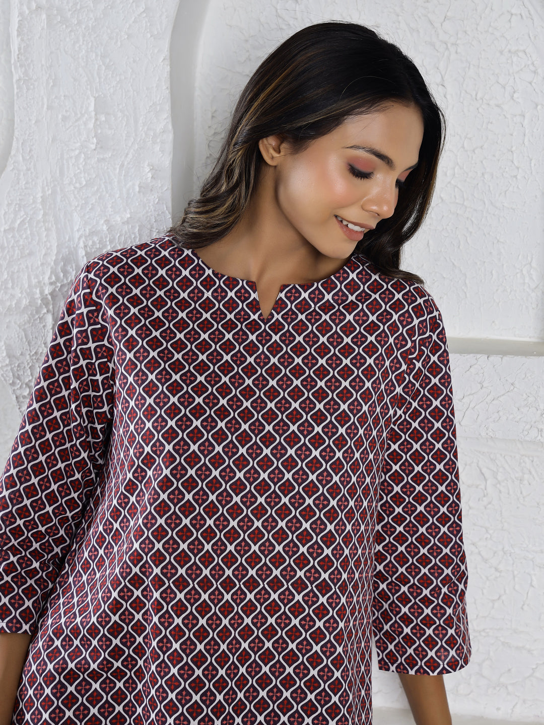 Black Mandarin Neck Ethnic Motifs Print Pure Cotton Night Suit For Women