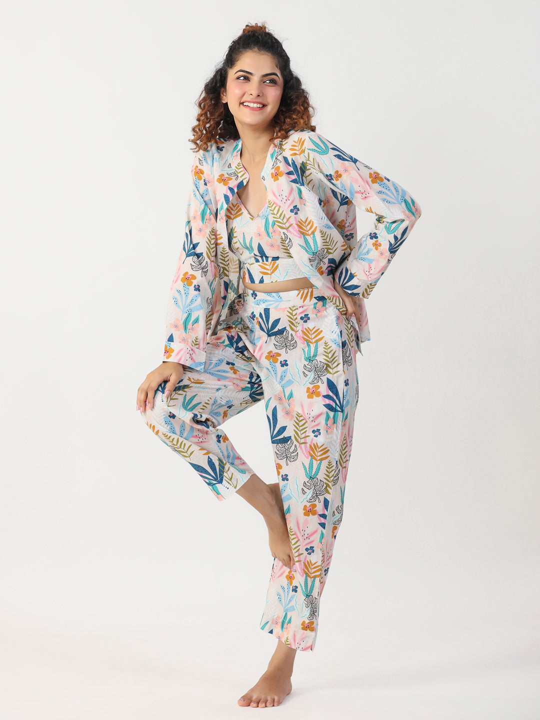 White Floral print Mandarin Collar Pure Cotton Night Suit For Women
