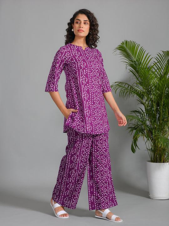Women Striped Printed Purple Night Loungewear Set