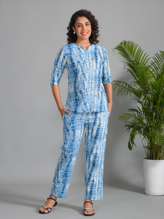 Blue Printed Round Neck Cotton Night Suit