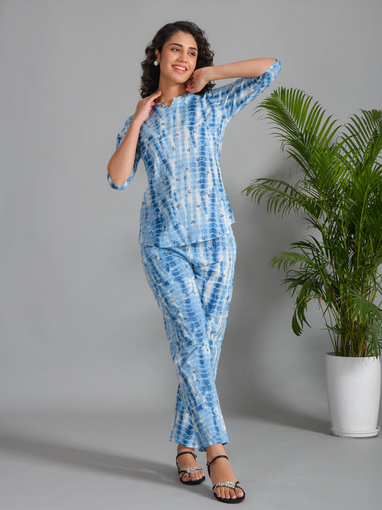 Blue Printed Round Neck Cotton Night Suit