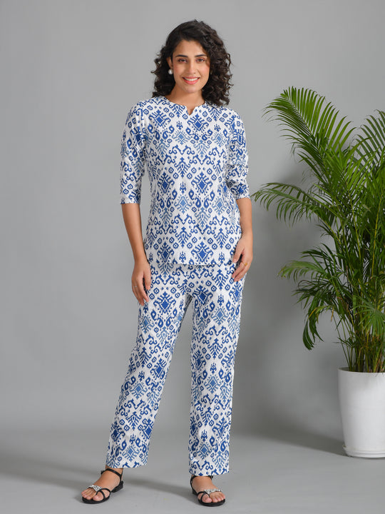 Navy Blue Viscose Rayon Printed Round Neck night suit for women
