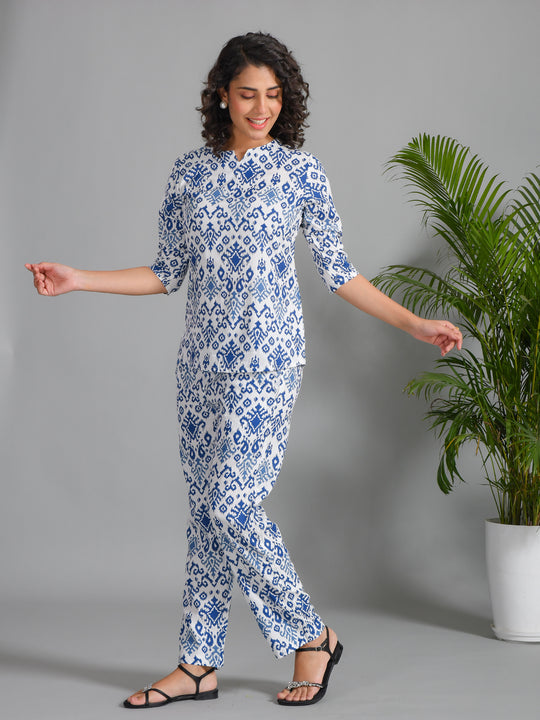 Navy Blue Viscose Rayon Printed Round Neck night suit for women