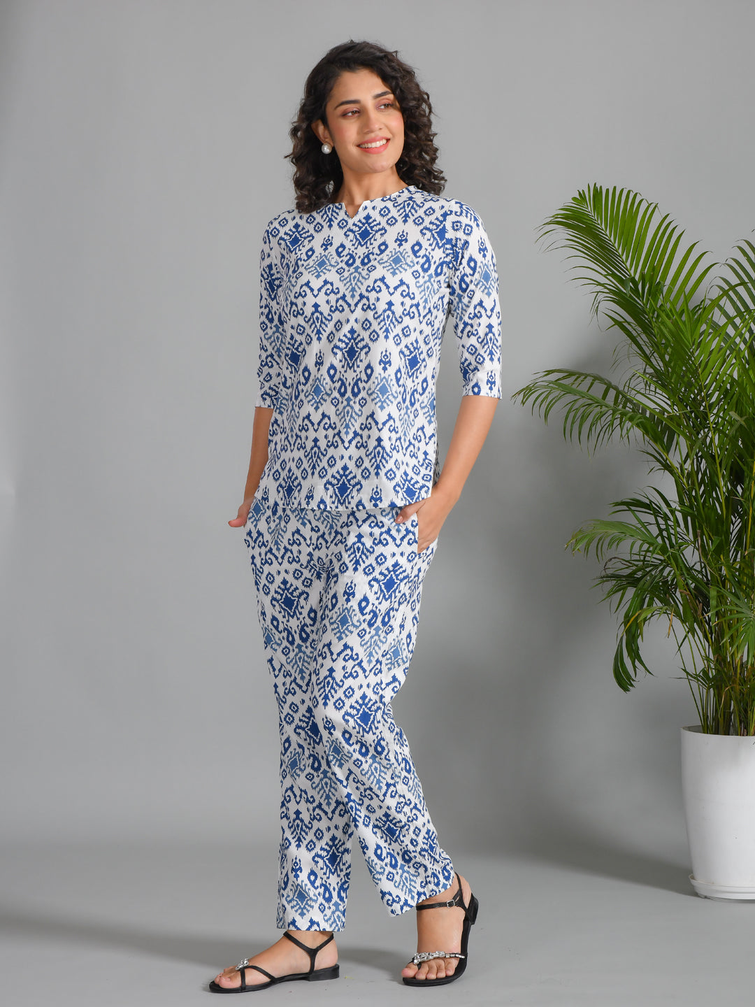Navy Blue Viscose Rayon Printed Round Neck night suit for women