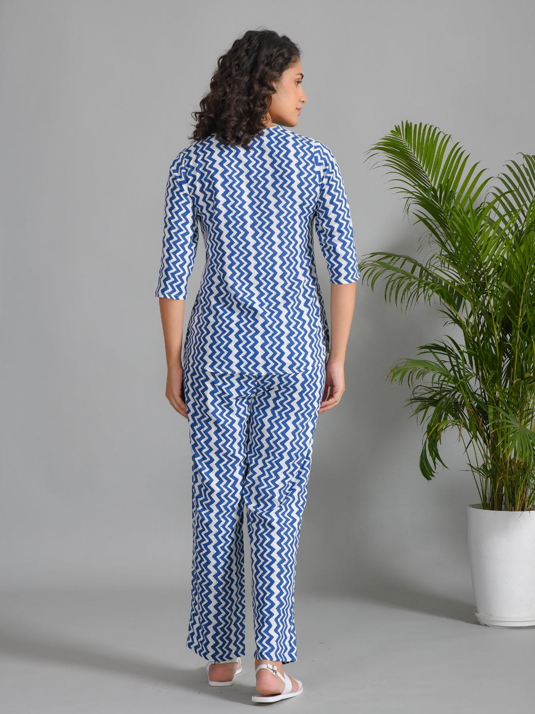 Navy Blue Viscose Rayon Printed Round Neck Night Suit Set