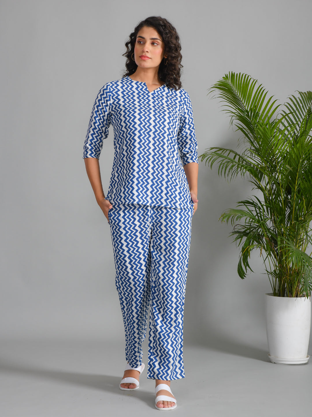 Navy Blue Viscose Rayon Printed Round Neck Night Suit Set