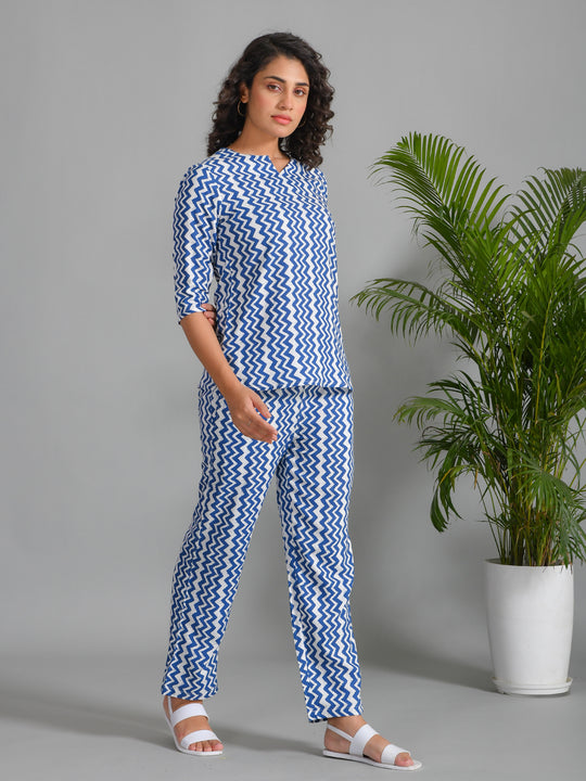 Navy Blue Viscose Rayon Printed Round Neck Night Suit Set