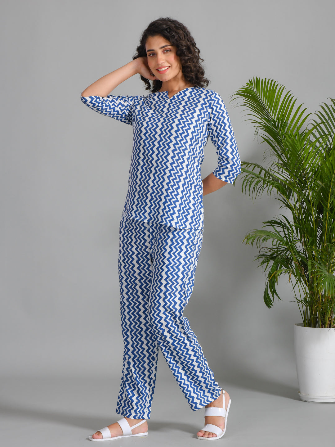 Navy Blue Viscose Rayon Printed Round Neck Night Suit Set
