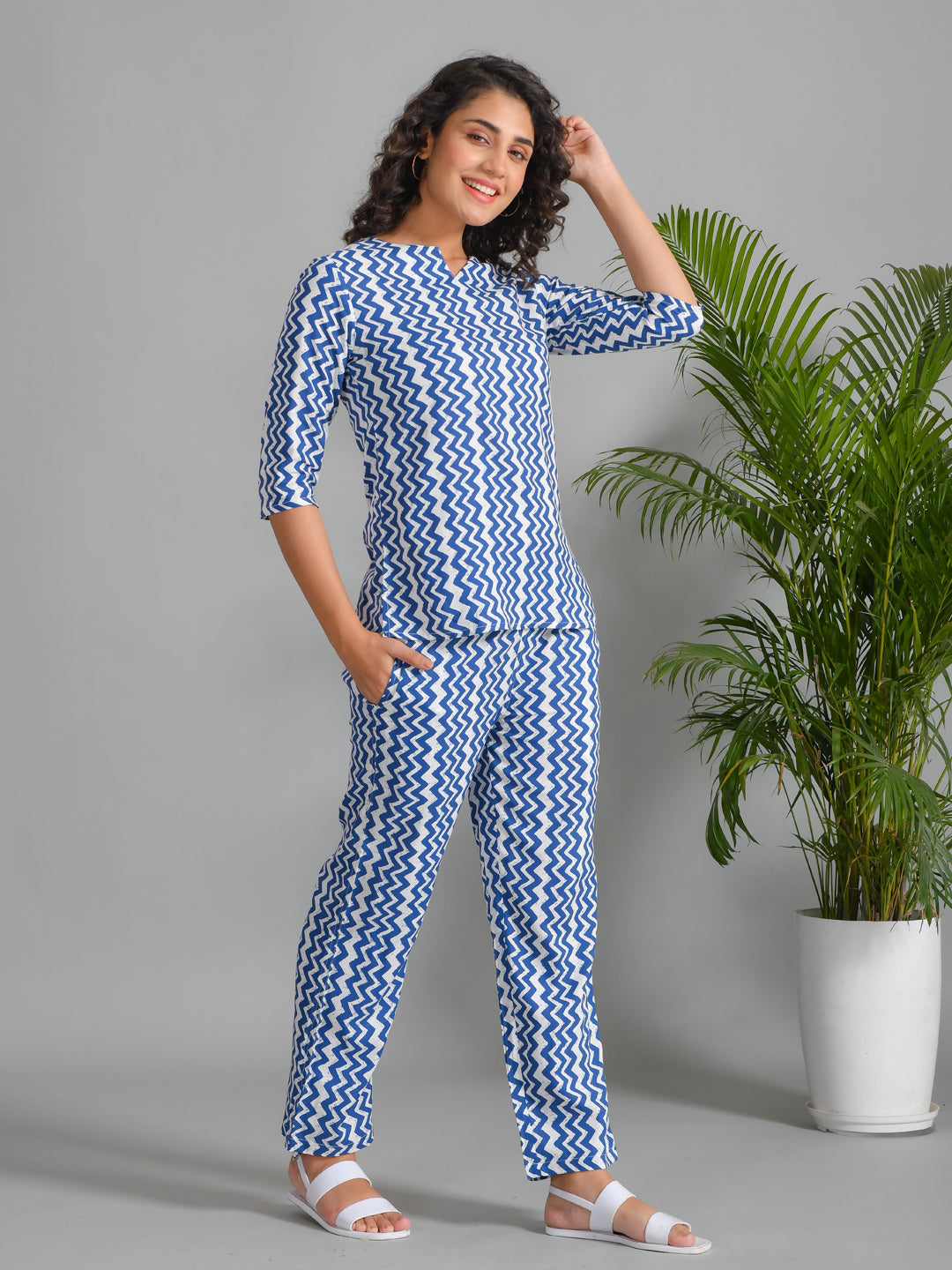Navy Blue Viscose Rayon Printed Round Neck Night Suit Set