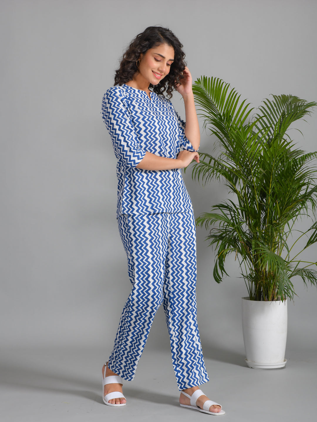 Navy Blue Viscose Rayon Printed Round Neck Night Suit Set