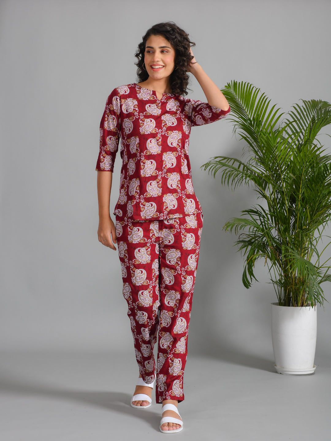 Red Round Neck Cotton Night Suit