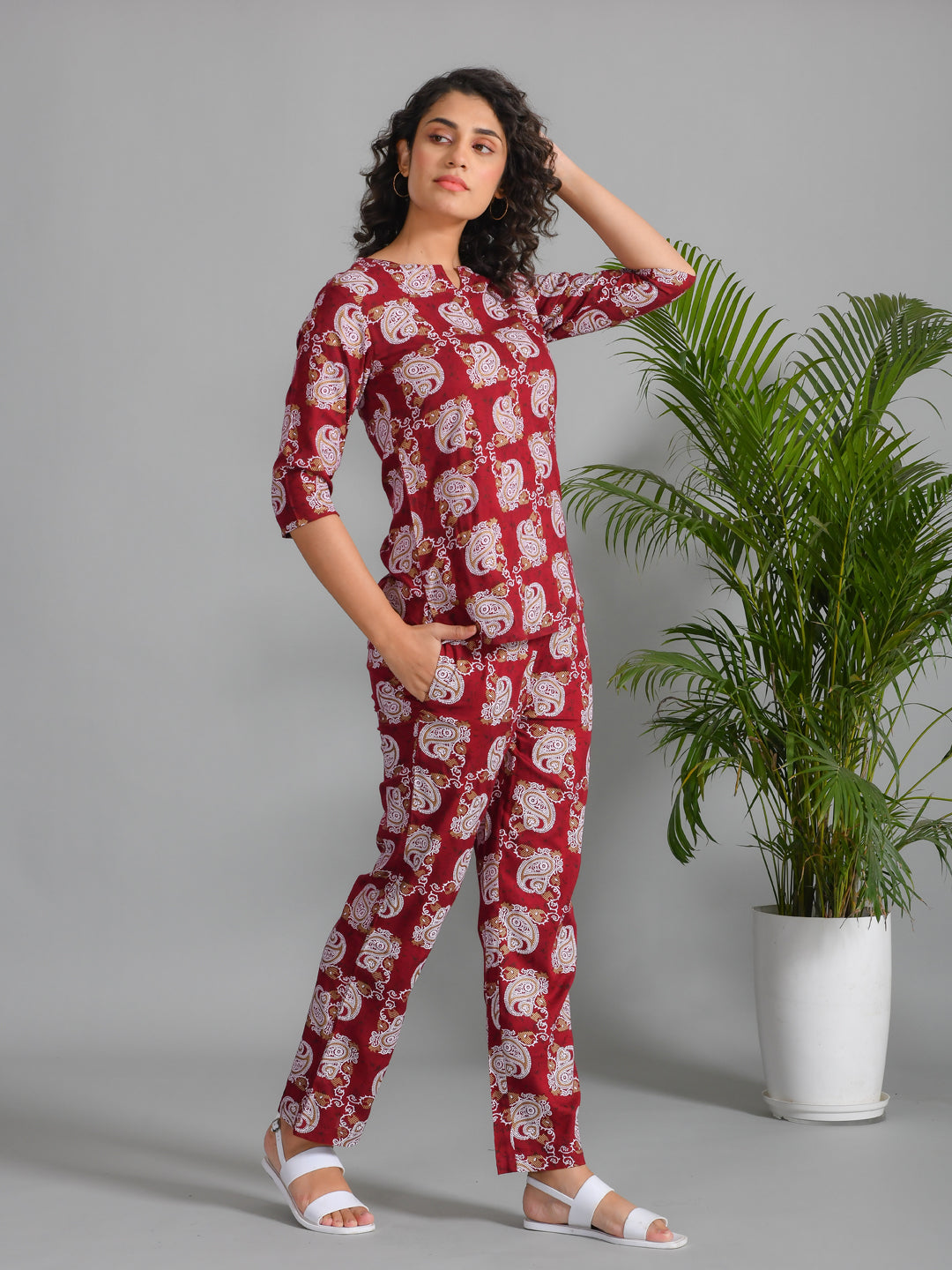 Red Round Neck Cotton Night Suit