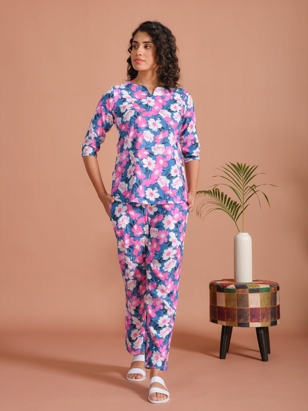 Purple Color Round Neck Floral Printed Night Suit For Women